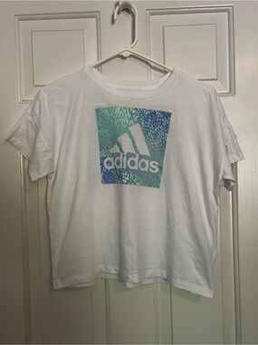 adidas White Tee with Teal and Blue Logo